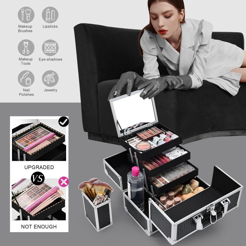 Joligrace Makeup Train Case Makeup Case 3-Tray Cosmetic Box with Mirror, Shine Black, 11.8-in Large Makeup Box with Detachable Brush Holder, Lockable Portable Makeup Travel Organizer Case - Image 4